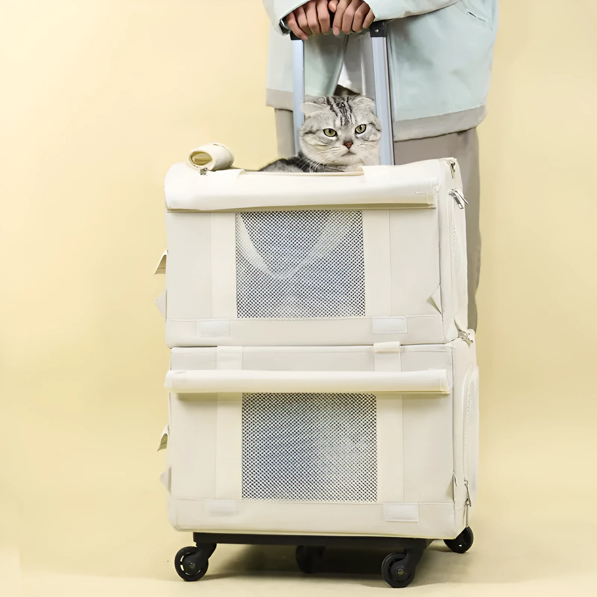Double-deck pet trolley bag in nylon with 18L capacity for cats and small pets, shown in brown, green, white, or yellow