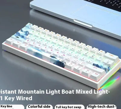 Small white 61-key mechanical keyboard with hot-swappable sockets and a black USB cable.