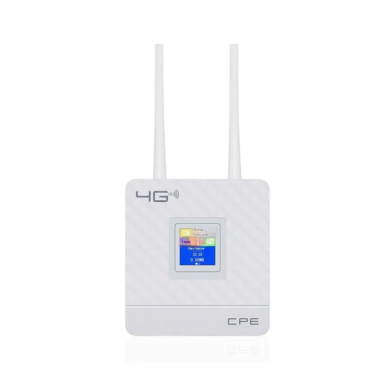 CPF903 white 4G LTE router with two black external antennas attached, alongside USB cable and power adapter.