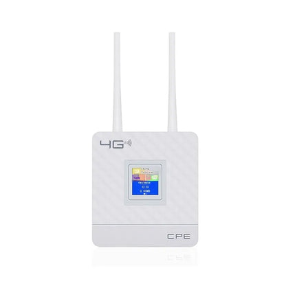 CPF903 white 4G LTE router with two black external antennas attached, alongside USB cable and power adapter.