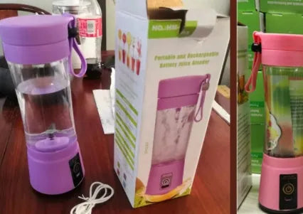 Compact pink portable blender with USB charging cable and box, shown alongside blended fruit smoothie.