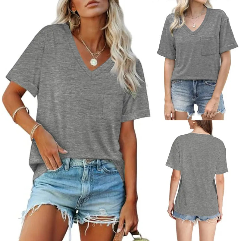 Grey loose V-neck short sleeve t-shirt with chest pocket, showing 40cm length and regular sleeves for casual wear