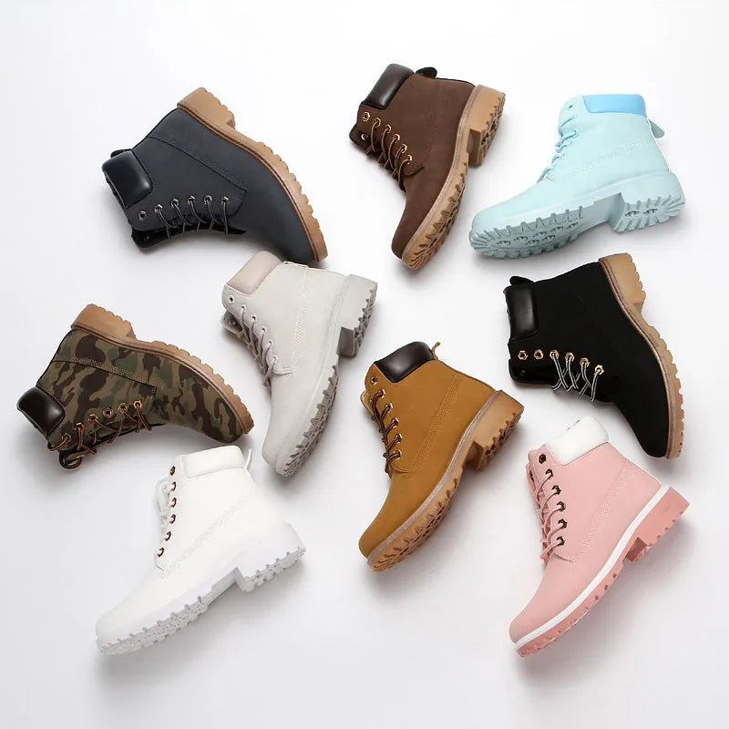 Men's high-top flat bottom Martin boots with velvet lining for cold weather, featuring round toe, horseshoe heel, front lace-up design, and available in multiple colours including pink, grey, and camouflage cotton options, suitable for casual couple wear.