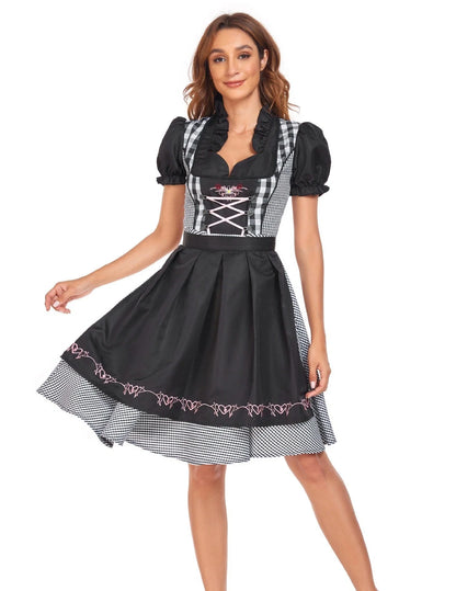 Authentic Oktoberfest dirndl dress with apron and ribbon in red denim, featuring traditional Bavarian-inspired design and comfortable polyester fabric