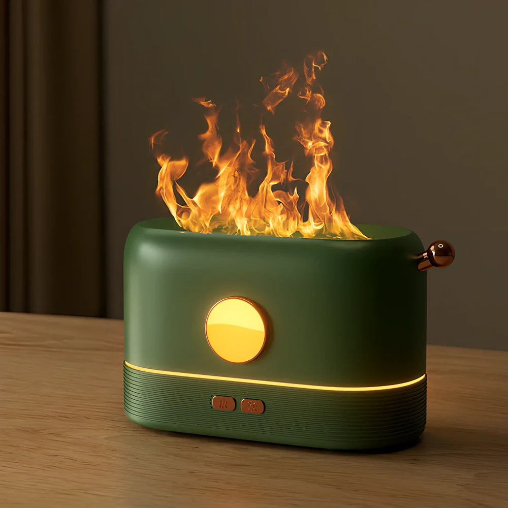 USB-powered desktop humidifier with simulation flame effect and 200ml water tank