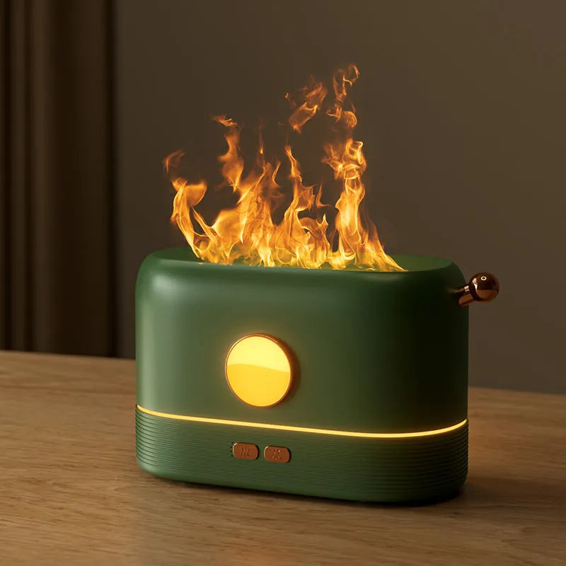 Black USB flame humidifier diffuser with 200ml tank on desktop showing simulation flame effect