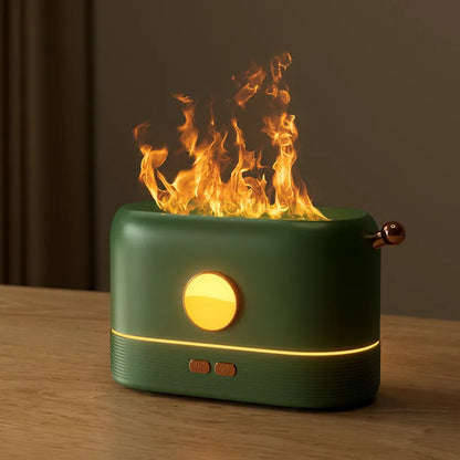 Black USB flame humidifier diffuser with 200ml tank on desktop showing simulation flame effect
