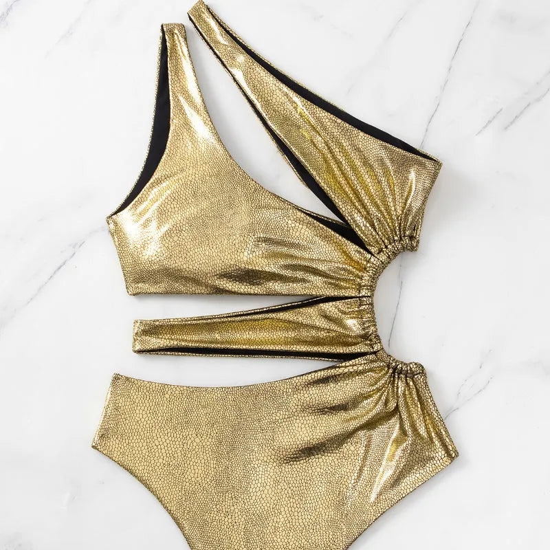 Women's one-piece swimsuit bikini swimwear with high elasticity spandex lining, backless sexy solid colour design, sleeveless for swimming and wading in C3177 gold colour available in S, M, L sizes