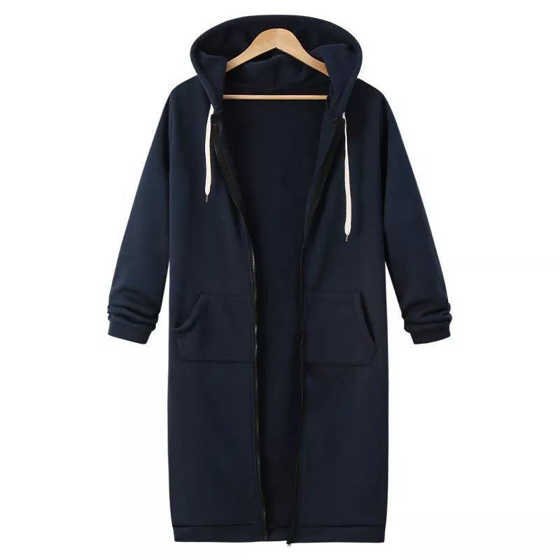 Hooded long sleeve sweater fleece jacket in navy blue with zipper closure