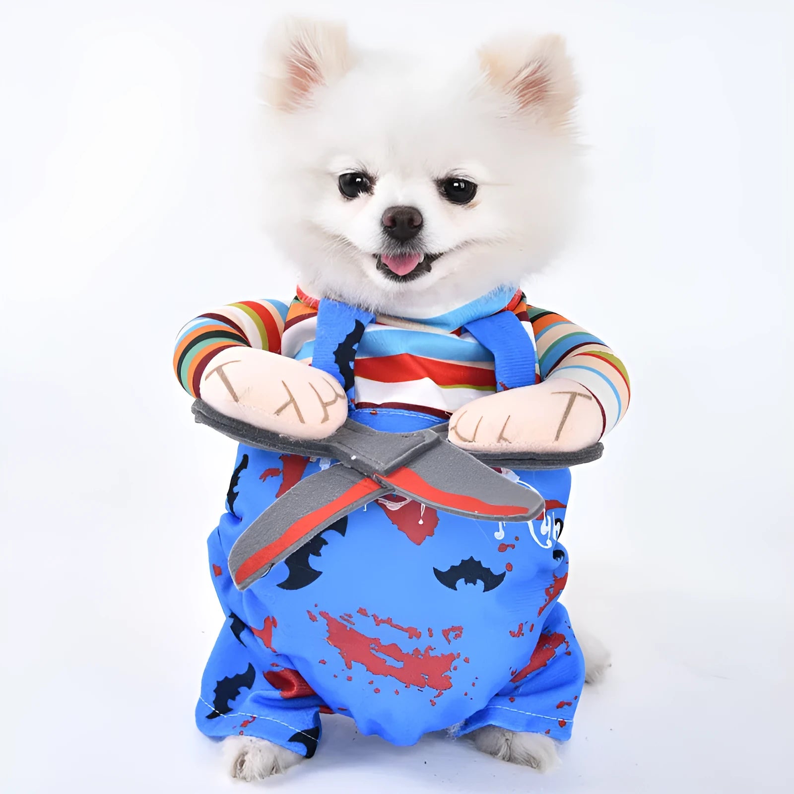 Halloween dog costume example in size M, showing the Bat Suit design made from polyester fabric.