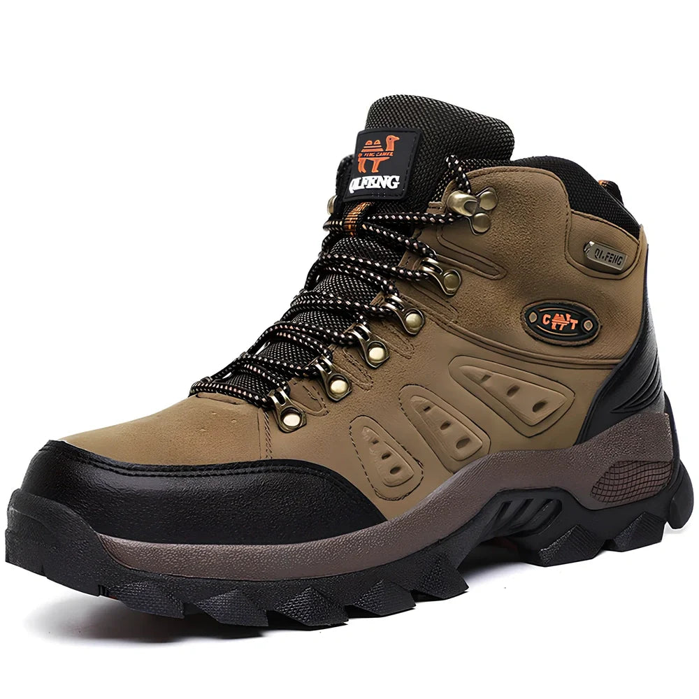 Army green waterproof hiking shoes with front tie closure and cotton lining for outdoor sports
