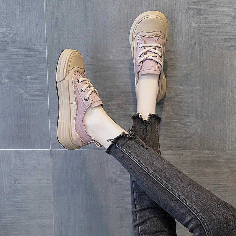 Women's leather platform sneakers in matcha green with round toe and lace-up front