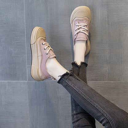 Women's leather platform sneakers in matcha green with round toe and lace-up front