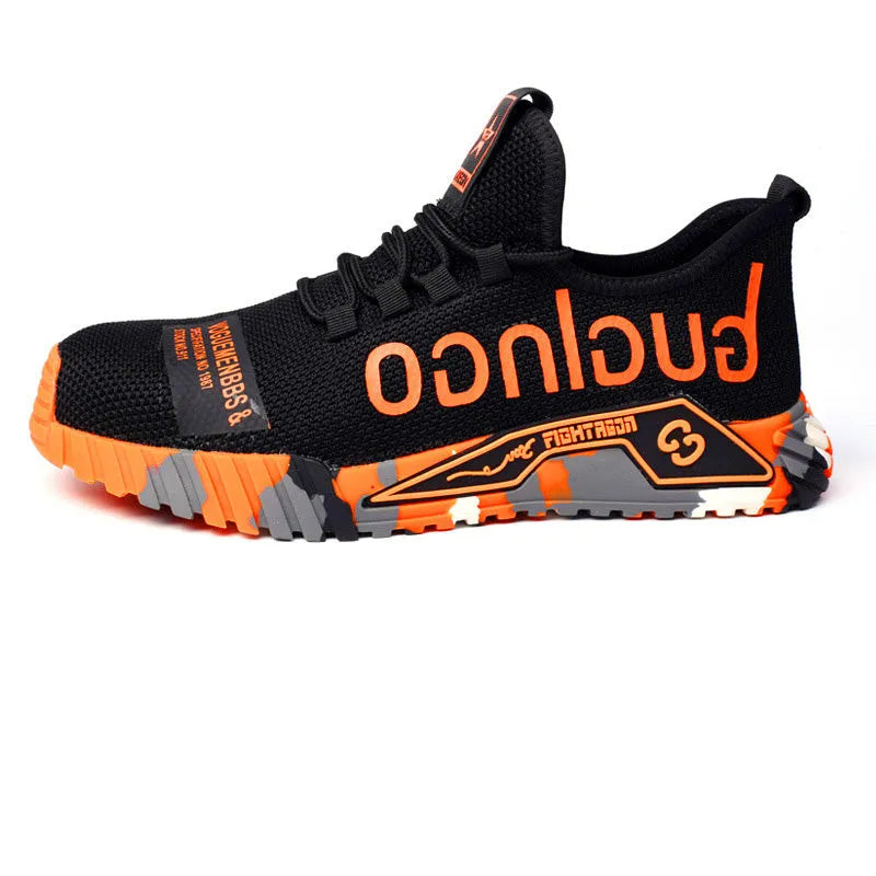 Steel toe work shoes for men with fly woven mesh upper and rubber sole, puncture proof, available in six colours