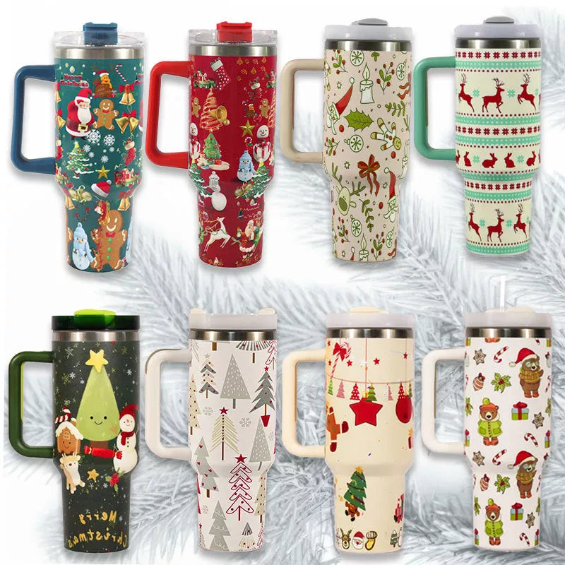 Christmas pattern stainless steel vacuum tumbler with handle and straw