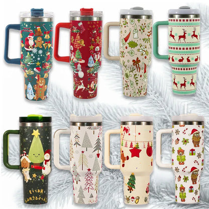 Stainless steel travel tumbler with handle, 1200ml capacity, Christmas pattern design, car cup holder compatible