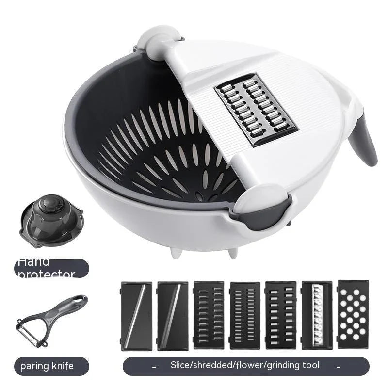 Versatile vegetable preparation station with interchangeable blades and built-in drainage basket for efficient meal prep