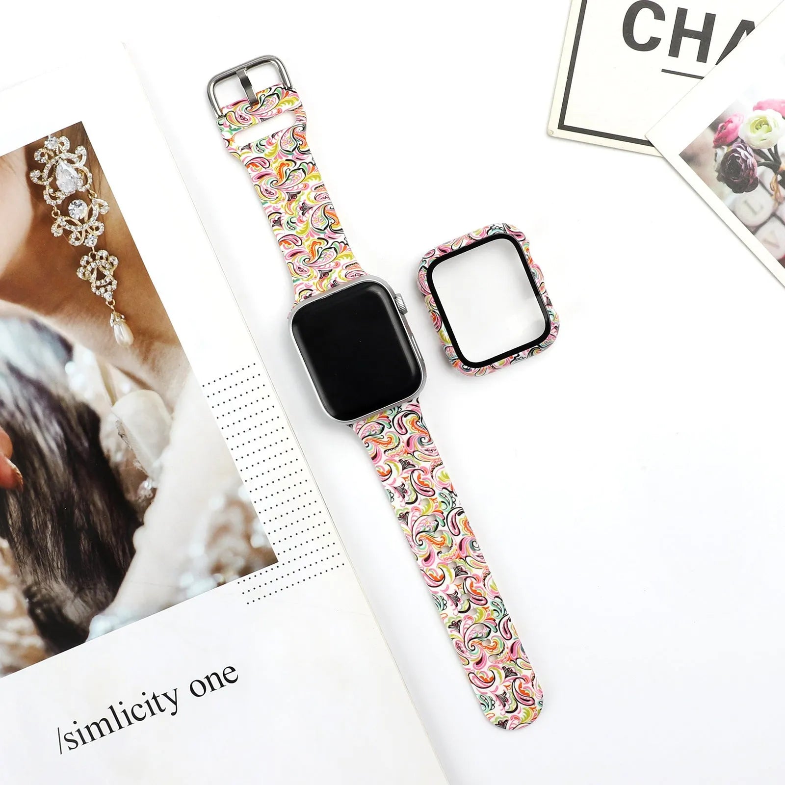 Printed silicone watch strap for Apple Watch 1-6 and SE models in multiple sizes