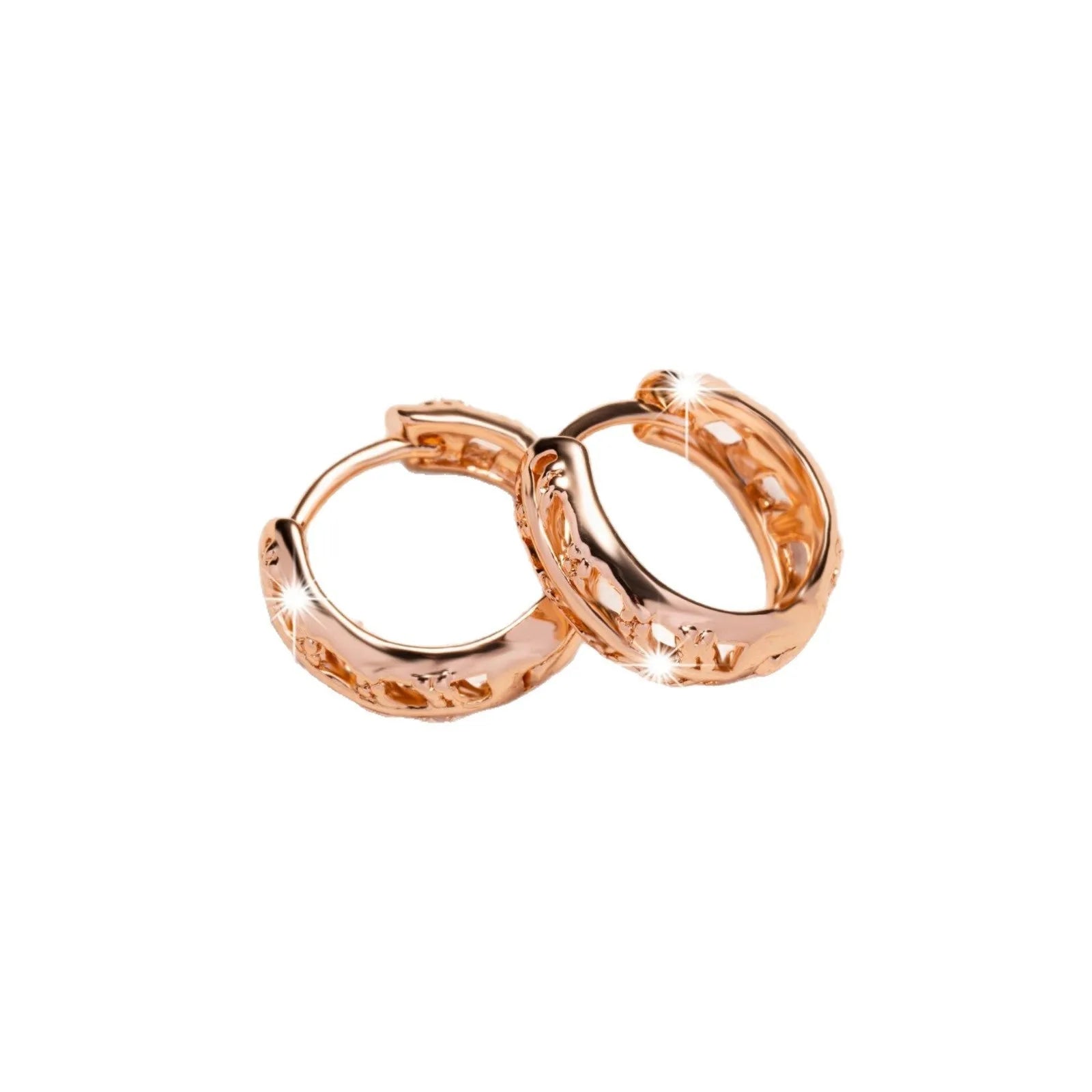 Copper heart and leaf shaped earrings with hollowed-out design and rose gold finish