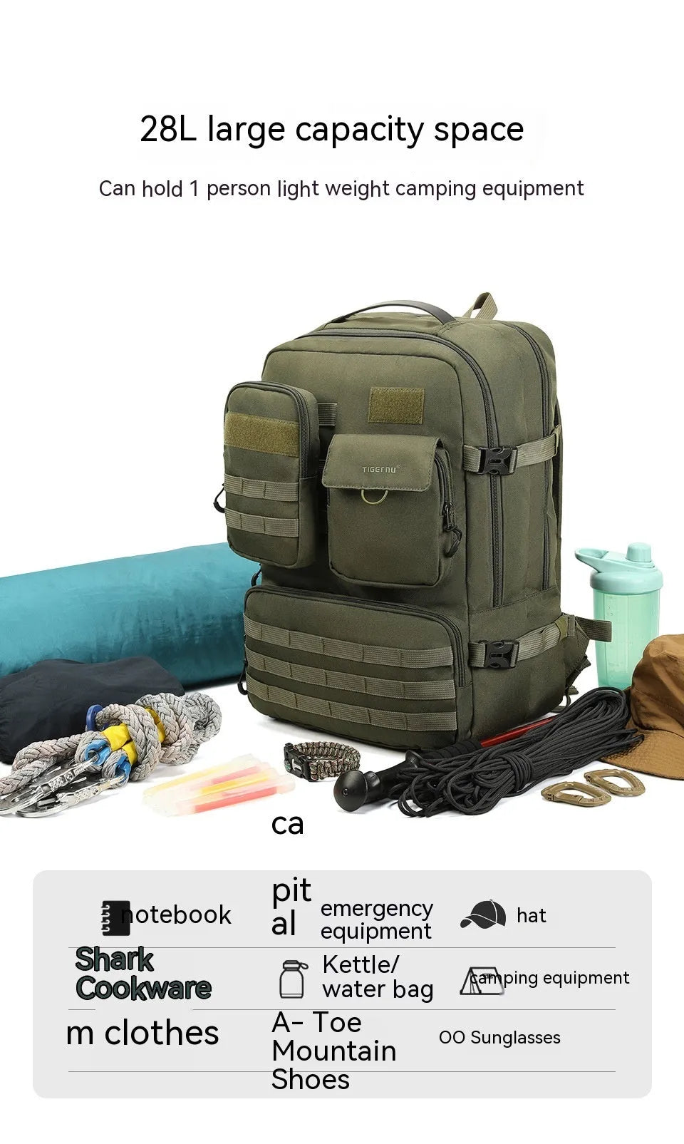 Army green tactical backpack showing 17-inch size with waterproof nylon construction