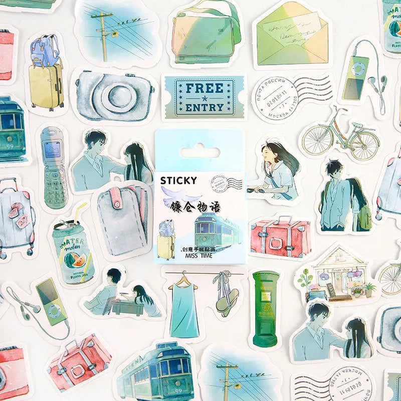 Set of 46 small decorative stickers with cartoon patterns for journal and scrapbook crafts