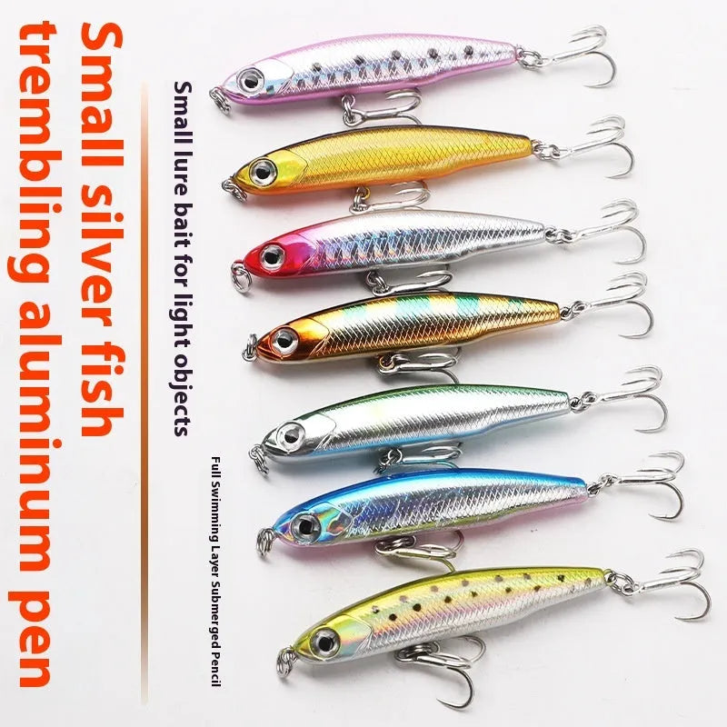 Small silver fish lure pencil bait with double hook, five-piece set with box, 3.5g 5.5g 8.5g 13g