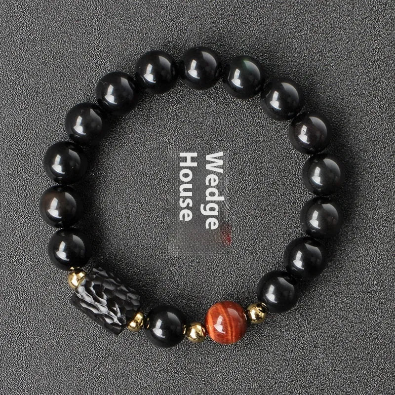 Handmade obsidian bracelet with 10mm red tiger eye beads, unisex retro design.