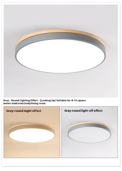 Round solid wood and acrylic LED ceiling lamp with dimming control in a modern living room setting.