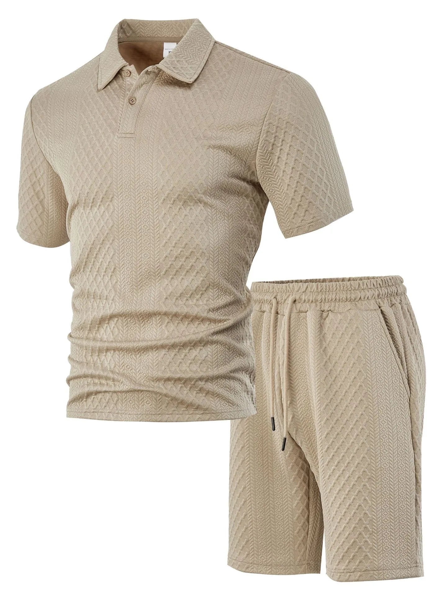 Men's patterned cloth casual suit set with short sleeve polo top and trousers on a hanger.