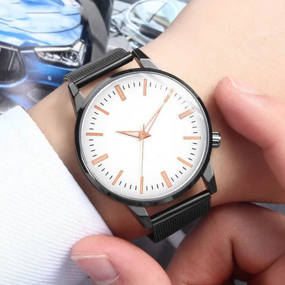 Luxury couple watch set with quartz movement, alloy case, glass mirror, metal mesh band, blue black white