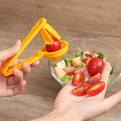 Manual tomato slicer with serrated knife for even dicing, compact design