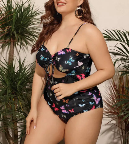 Plus size black print swimsuit with high elasticity for women