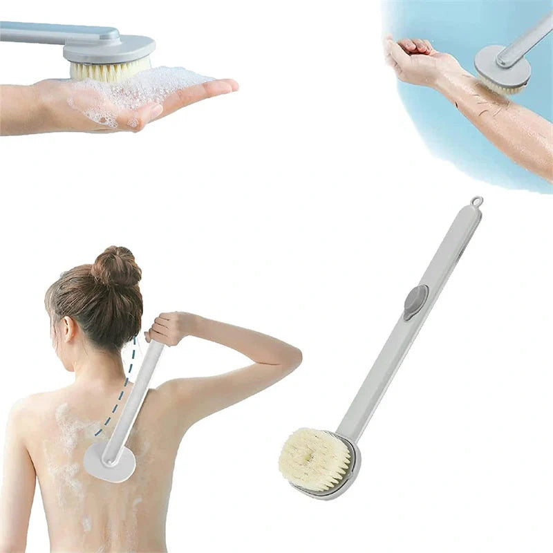 Dual-purpose shower brush with detachable head and built-in shower gel reservoir