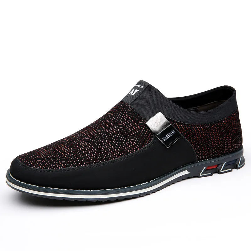Men's grey and white synthetic leather casual shoes with square toe and flat rubber sole.