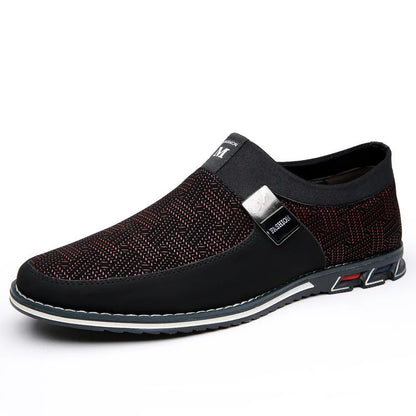 Men's grey and white synthetic leather casual shoes with square toe and flat rubber sole.
