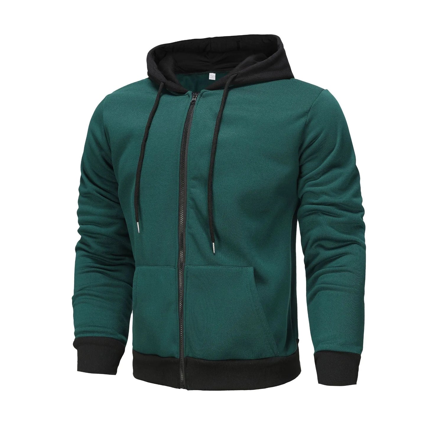 Men's black zip-up hoodie cardigan with a fleece lining, shown with the hood up.