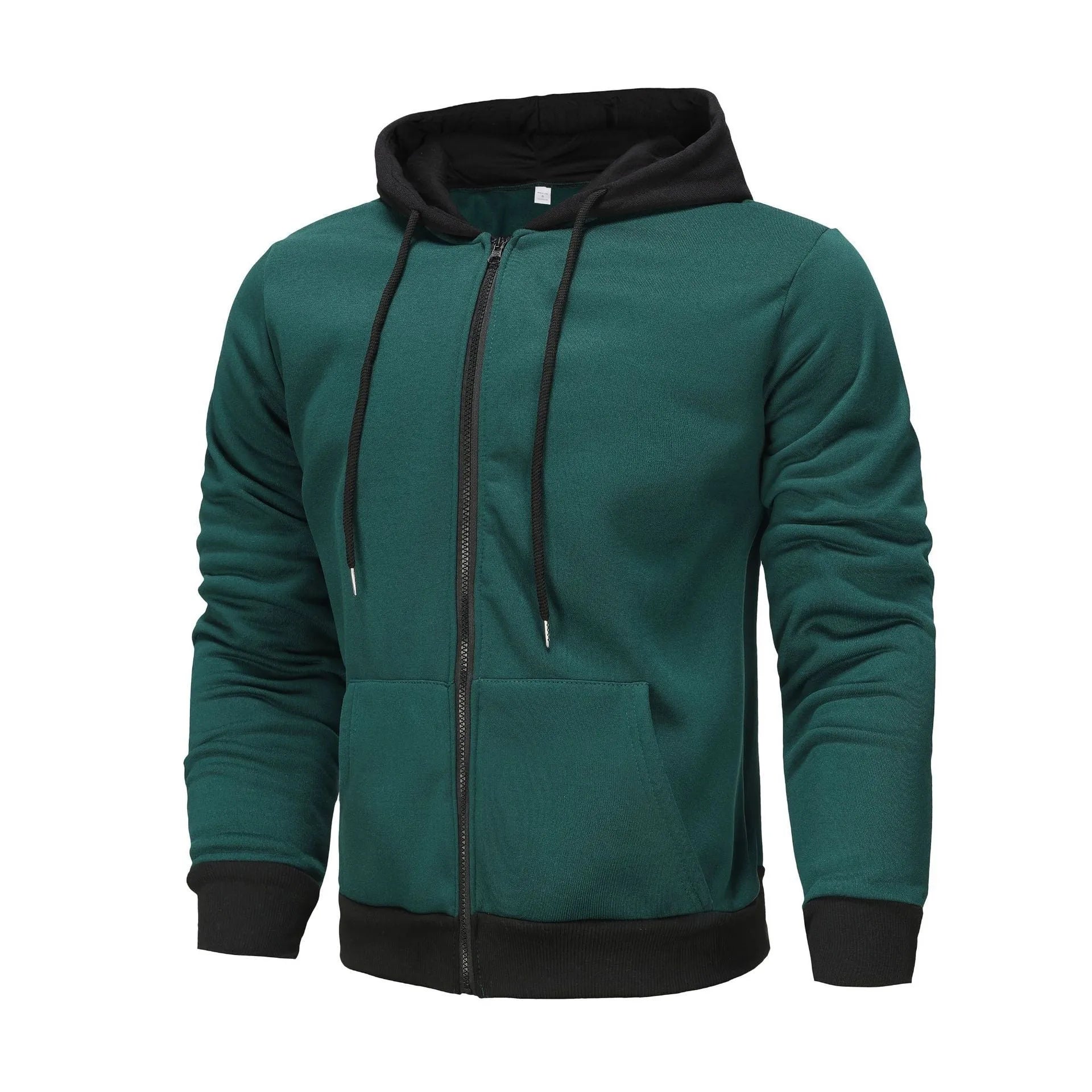 Men's black zip-up hoodie cardigan with a fleece lining, shown with the hood up.