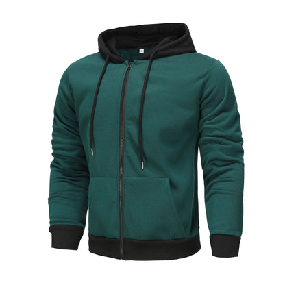 Men's black zip-up hoodie cardigan with a fleece lining, shown with the hood up.