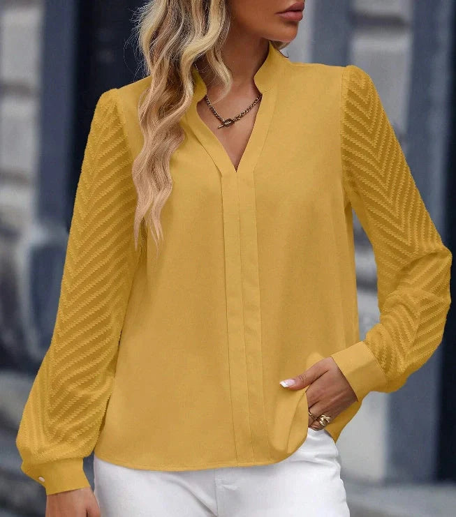 Elegant V-Neck Chiffon Blouse with Lace Detailing for Women
