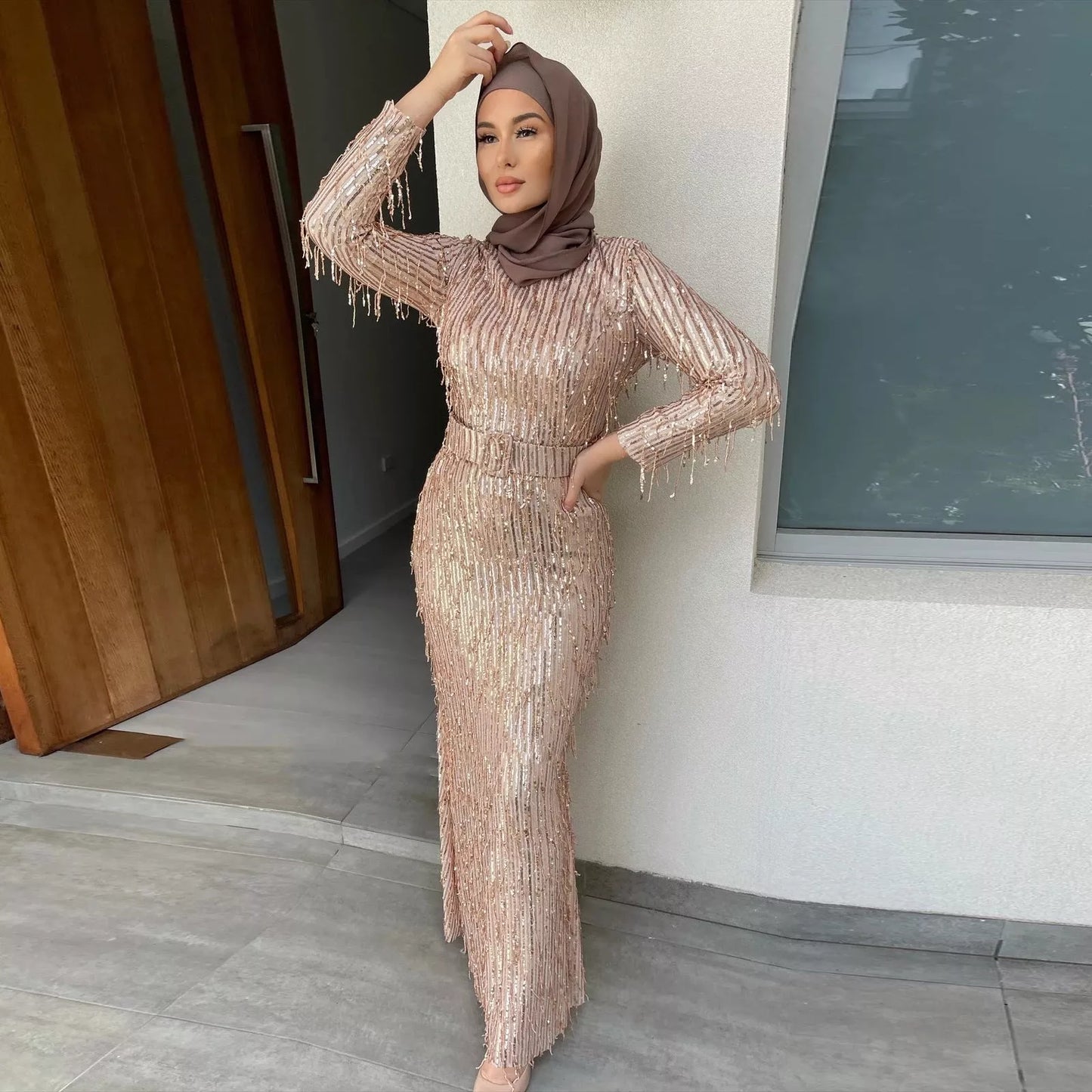 Sequin Tassels Slim-fit Muslim Dress in gold and silver with unique detailing