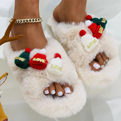Women's slippers with faux plush upper, cotton lining, rubber sole, and Christmas hat decoration in sizes 35-40