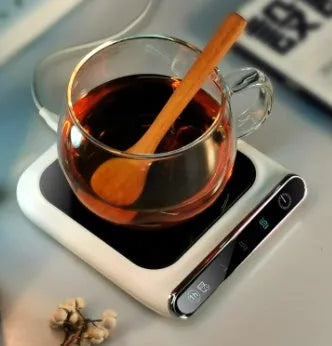 Black USB-powered cup warmer with three temperature settings and drinking reminder