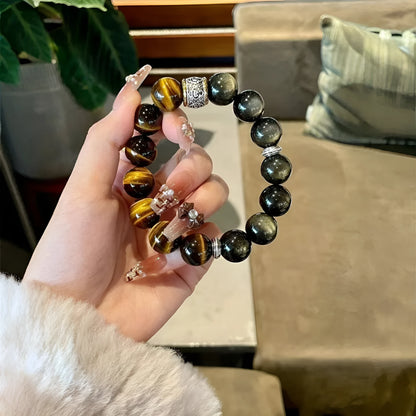 Tigereye stone women's bracelet with silver gold inlay finish and double fight design