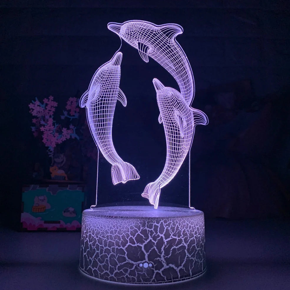 Black base dolphin 3D LED night light projecting image, 87x87x42mm size with USB cable and optional remote