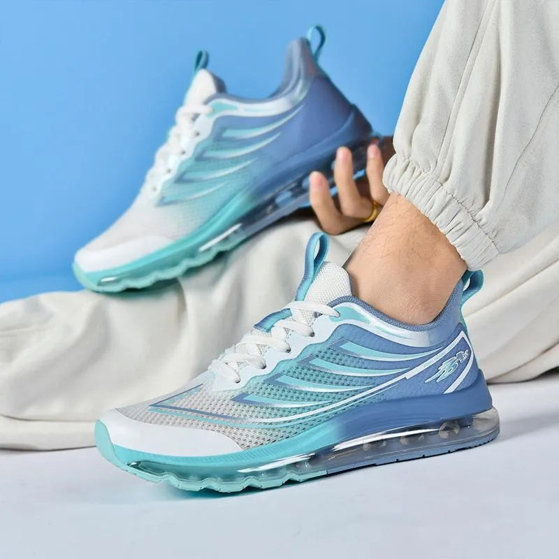 Men's white and blue woven fabric sneakers with round toe and mid-height design on a plain background.