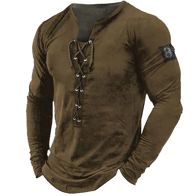 Men's long sleeved printed sports top with U-neck, polyester fibre fabric, sizes S to 4XL