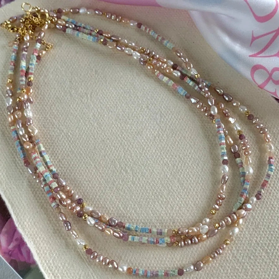 Purple natural pearl bracelet and necklace set with 14K gold plating and U-shaped design