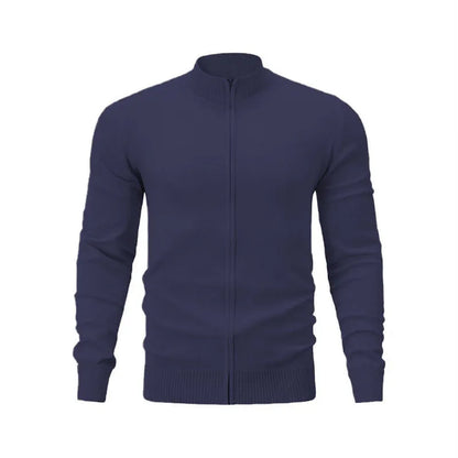 Casual zip-front cotton sweater with a stand collar shown in a solid colour.