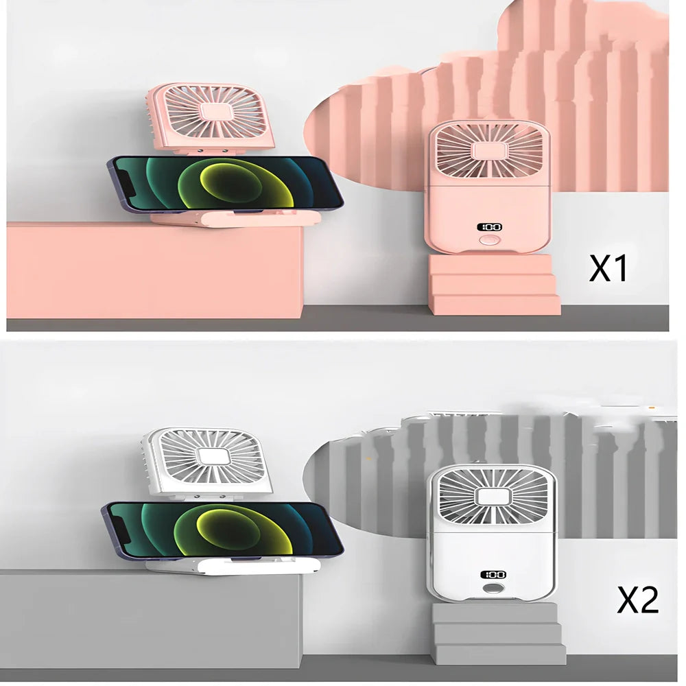 F30Pro folding portable handheld fan in white with digital display, 169x81x20mm size, USB charging, plastic blades for cooling