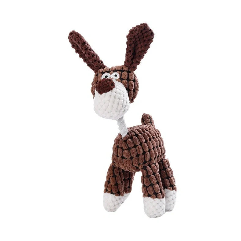 Bite-resistant puppy plush toy with relieving molar design in multiple animal styles including donkey and duck variations